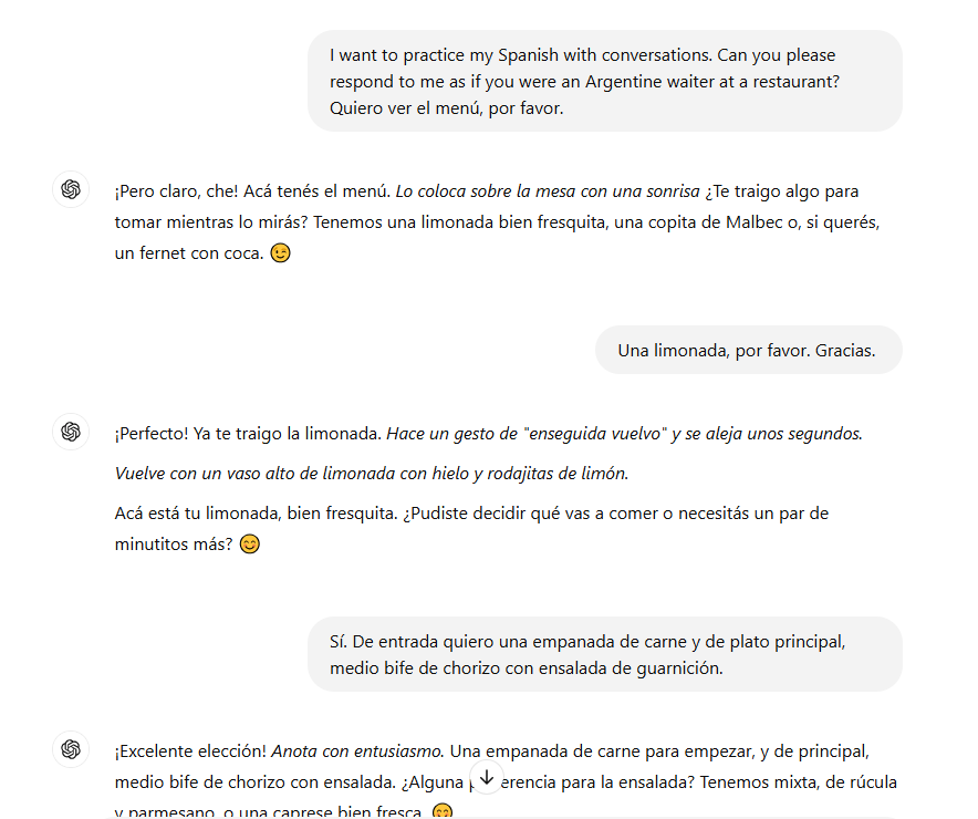 Sample of Spanish conversation with AI